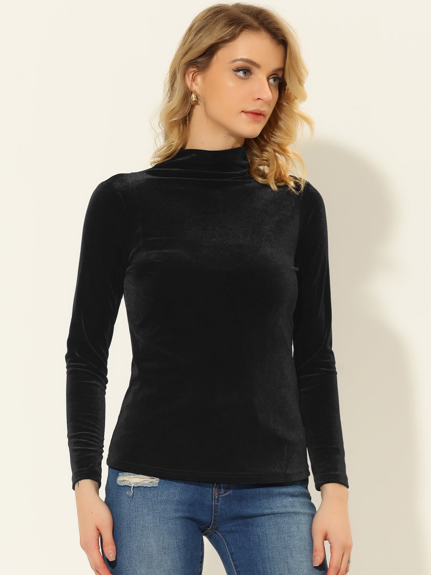 DARING DIVA Turtleneck Stretchy Velvet Basic Blouse L Black