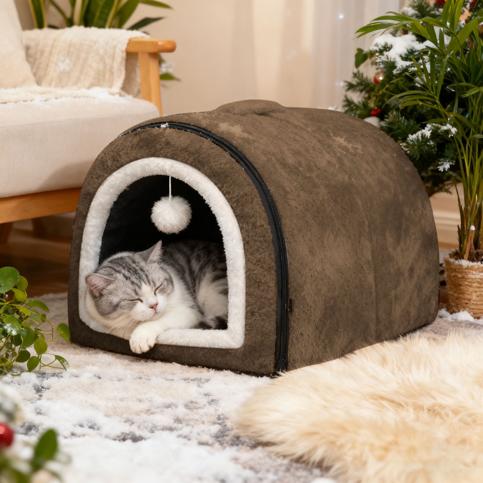 USB Heated Cat Bed for Indoor Cats-Semi-Enclosed Cat Cave with 4 Temperature Control, Arched Roof&Anti- Bottom, 2-in-1 Thermo Pet Bed for Winter,Warm Washable Bed for Cats Dogs
