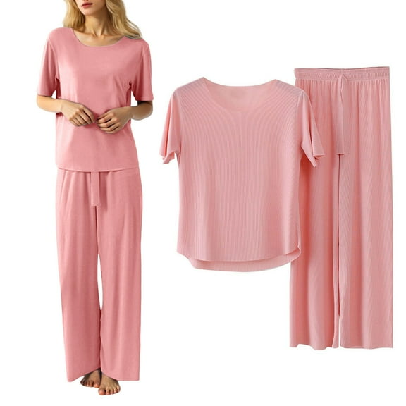 KDFJPTH Women's 2 Piece Outfits Ice Silk Loungewear High Low Pullover Tops and Wide Leg Pants Casual Sets Tracksuits