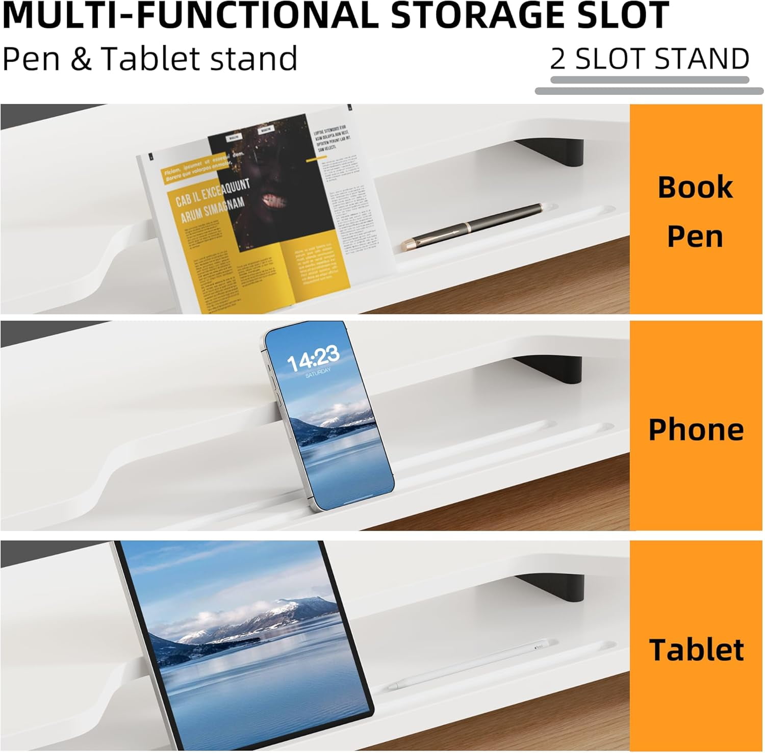 39.4 Inch Dual Monitor Stand with Storage Shelf, 2-Tier Wooden Desk Organizer Riser for Computer, Laptop, Printer and Phone/Tablet
