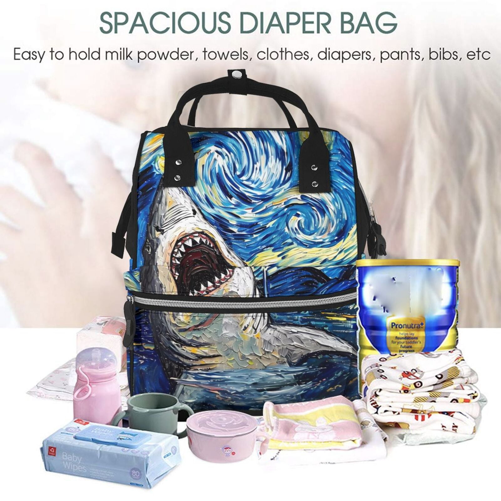 Fuzoiu Vintage Starry Sky Shark Print Diaper Bag Backpack,Baby Essentials Travel Tote,Multi function Waterproof Diaper Bag, Travel Essentials Baby Bag - Unisex