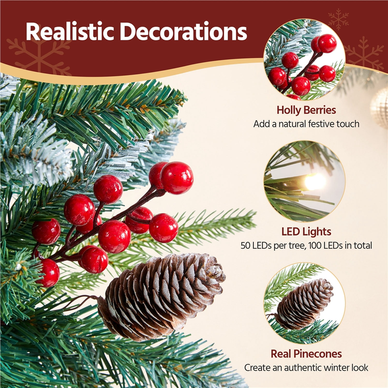 Alden Design Set of 2 Pre-Lit Outdoor Frosted Christmas Trees with LED Lights, Red Berries, Pinecones, Artificial Christmas Trees for Porch, Yard, Green