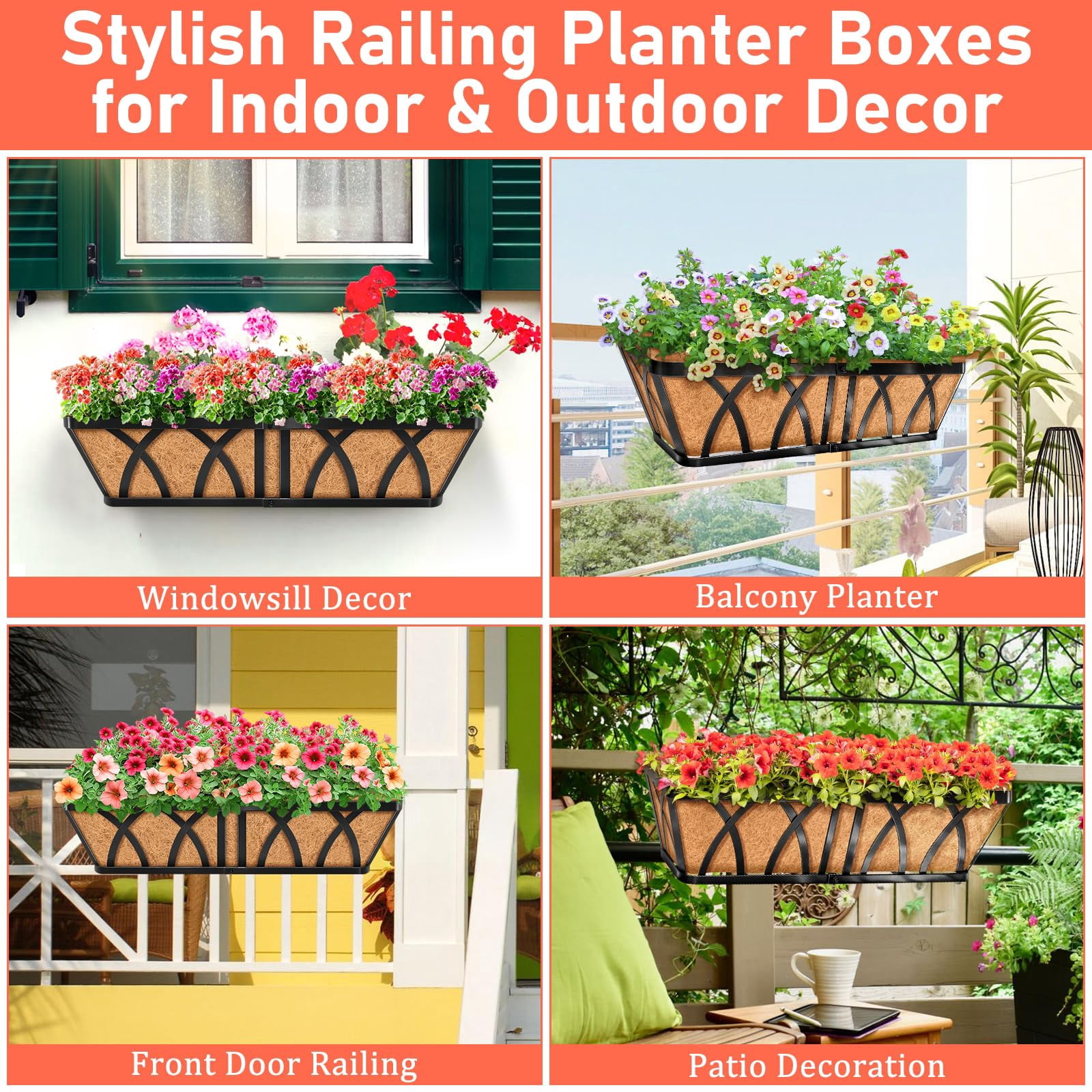 24in Metal Railing Planter Window Box 3 Pack For Deck Balcony Porch Fence Indoor Outdoor Plants