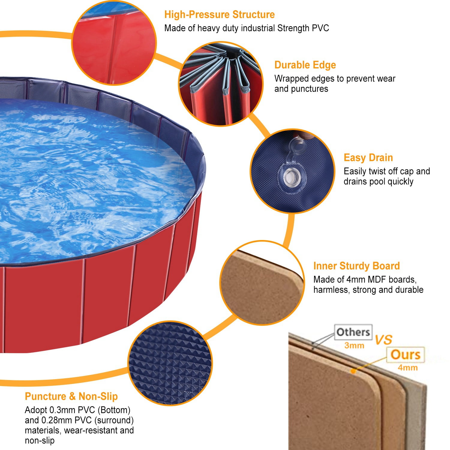 Moclever Foldable Dog Swimming Pool, 63in Kids Swimming Pool Outdoor Bathing Tub for Baby Pet, Red