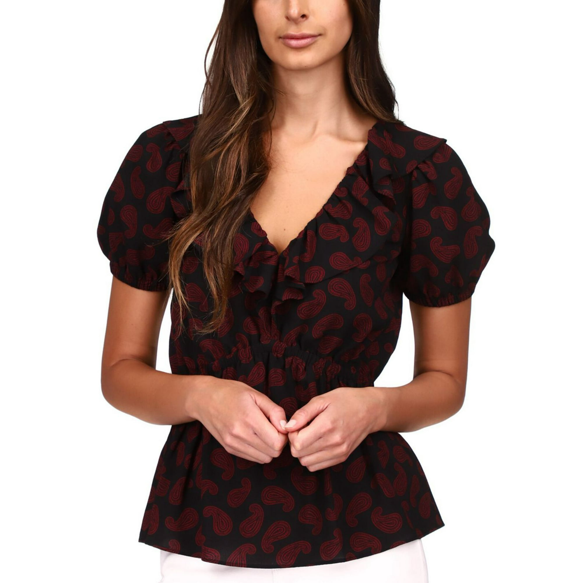 Michael Kors Wome s Paisley Puff Sleeve Peplum Top Dark Ruby Xx Large Other