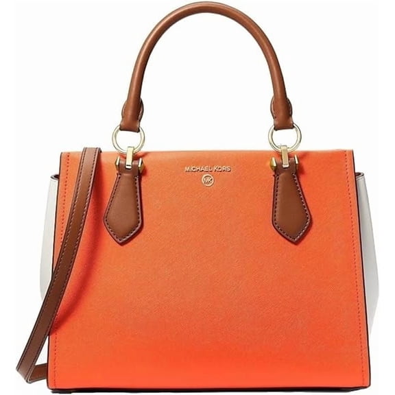 Michael Kors Marilyn Medium Saffiano Leather Satchel , Orange/Optic White/Luggage