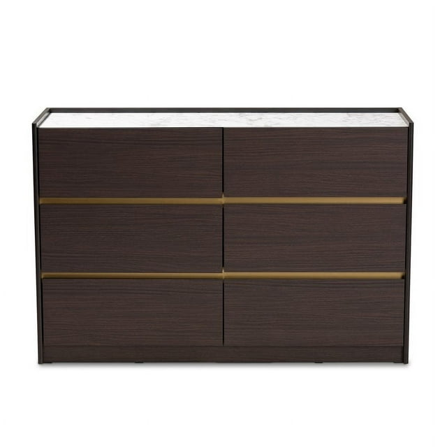 Baxton Studio Commode 6 Tiroirs en Bois Finition Brun Foncé et Or