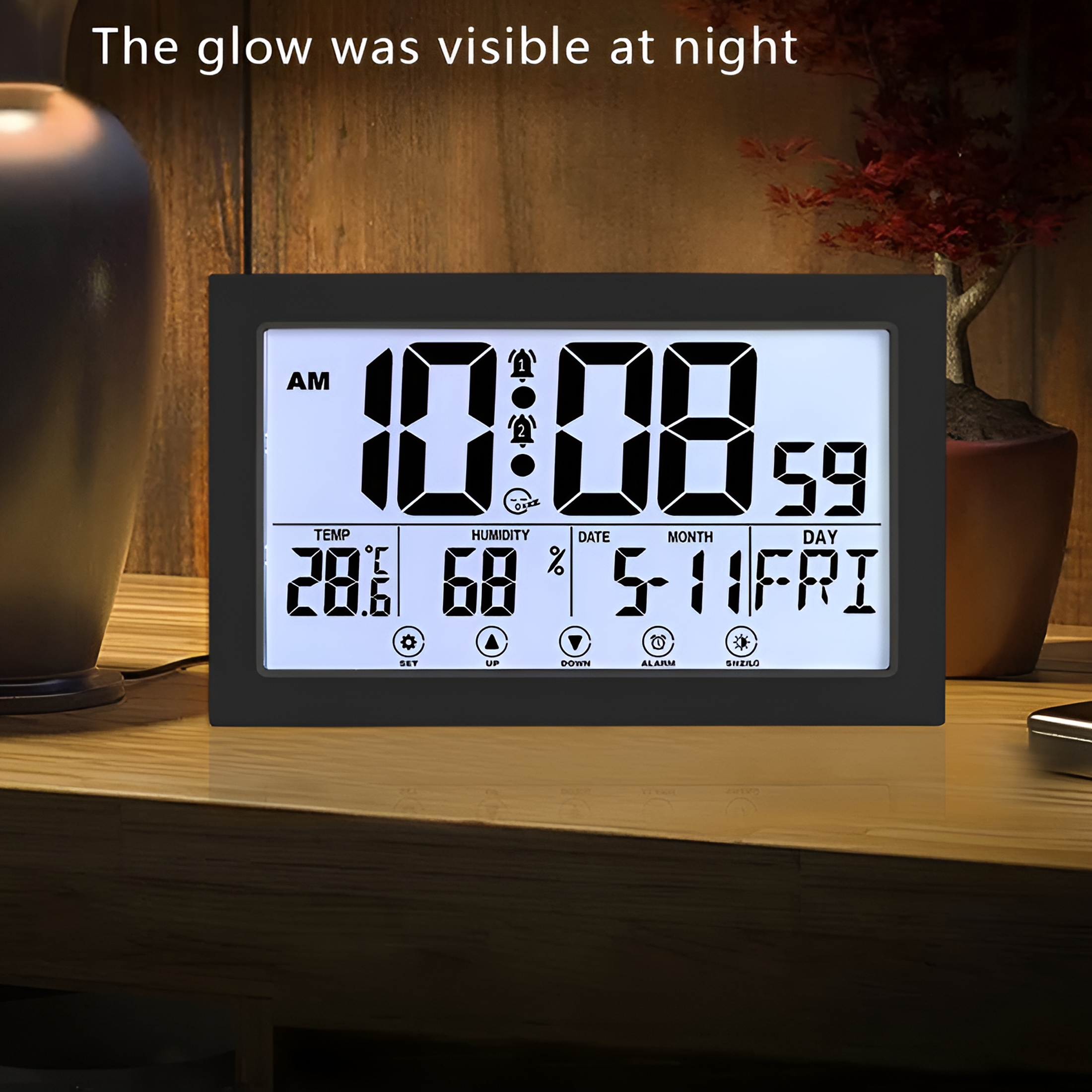 DESIGNICE 2026 New Auto Set Digital Wall Clock Battery Operated,Digital Wall Calendar,Desk Clocks with Temperature,Humidity,Display Digital Calendar Alarm Clock for Elderly,Bedroom,Office,Black