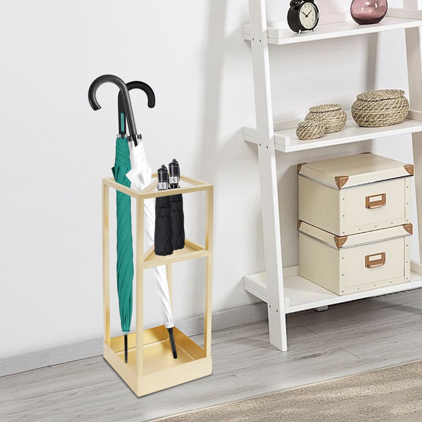 Gold Umbrella Rack 20.9in Tall Square Iron Stand with Drip Tray Freestanding Umbrella Holder
