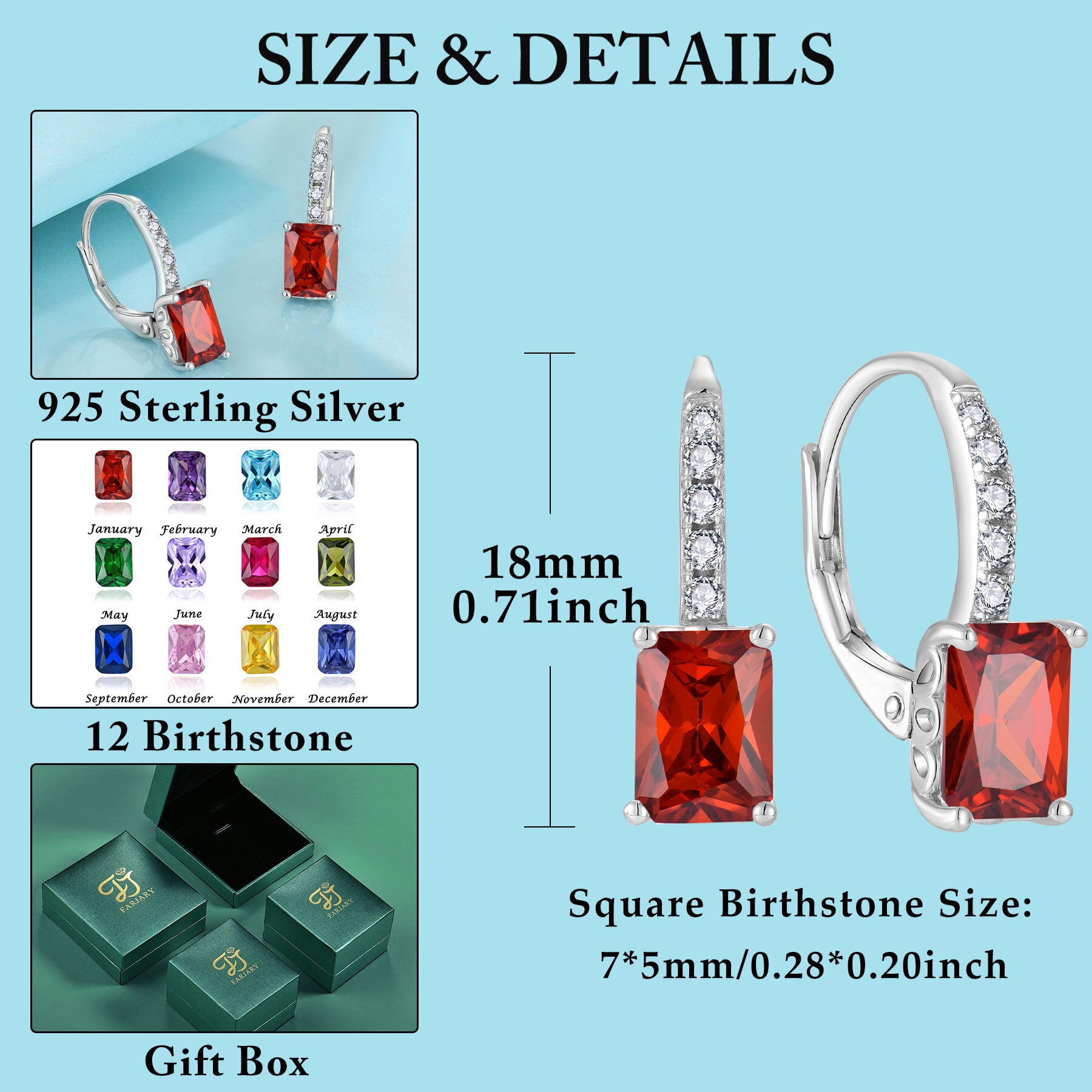 FJ Princess Cut Dangle Drop Earrings 925 Sterling Silver Square Leverback Earrings January Birthstone Garnet Jewelry Gifts for Women
