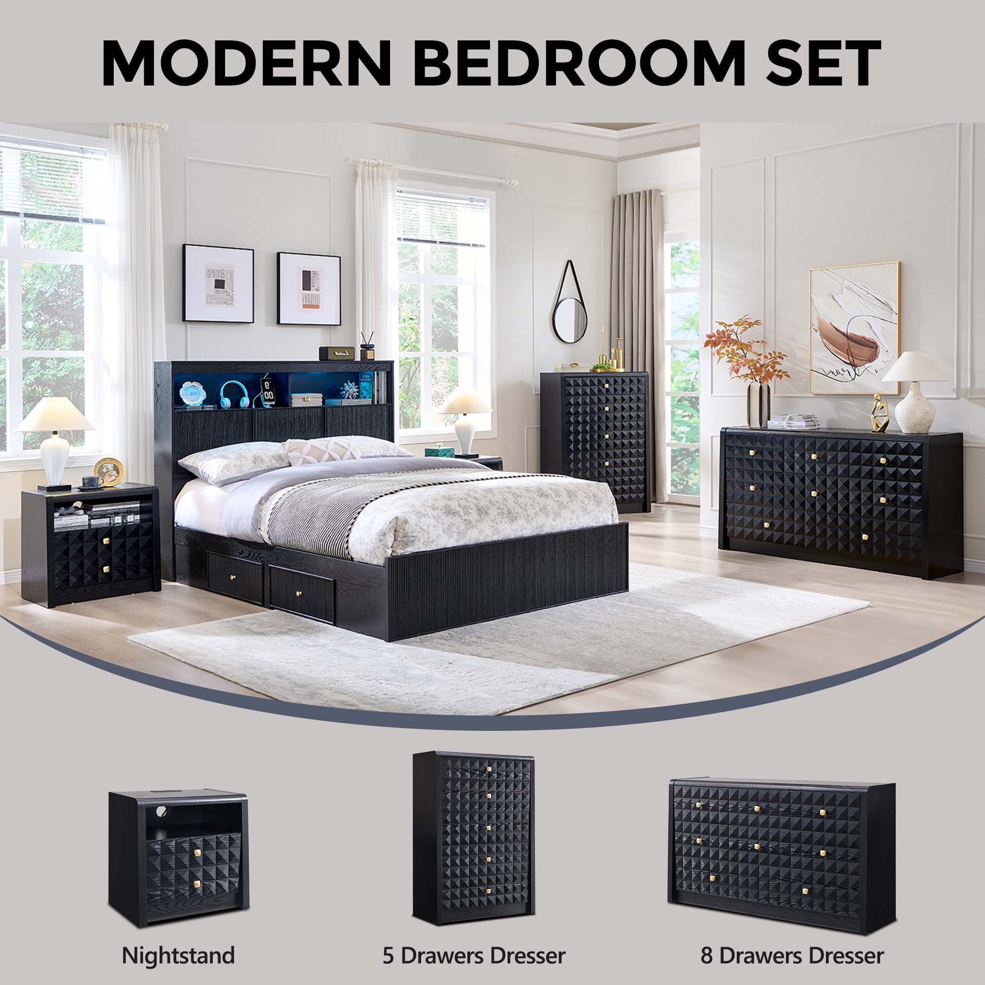 wow97e Modern 5 Drawer Dresser for Bedroom, Wooden Tall Dressers & Chests of Drawers w/Diamond Panel Decorate, Black