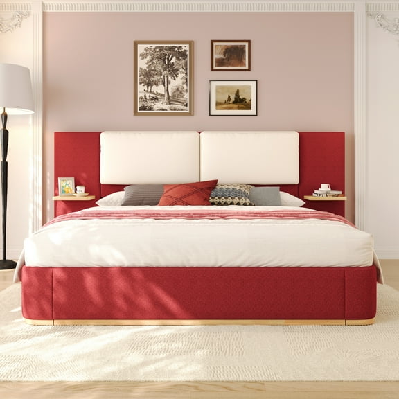Harper & Bright Designs Queen Size Platform Bed with Upholstered Headboard, Queen Wooden Bedframe with Anti-Collision Soft Rounded Corners, Red