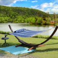 thumbnail image 2 of Prime Garden Double Quilted Fabric Hammock with Pillow, Hardwood Spreader Bars, Heavy Duty 450-Pound Weight Capacity, Perfect for Outdoor Patio Yard Beach, Navy Blue Stripe, 2 of 7