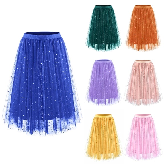 Purcolt Tulle Skirts for Women Sparkly Midi Long Fairy Skirt High Elastic Waist A-Line Mesh Layered Tutu Skirts