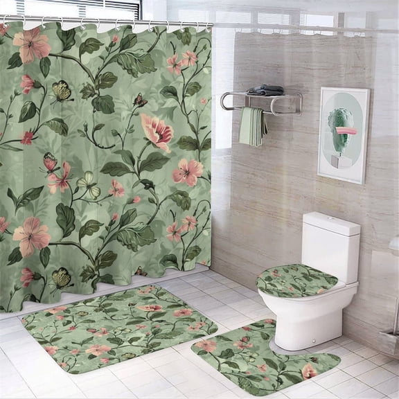 4 Piece Bathroom Rug Set with Shower Curtain Shower Curtain And Rugs Shower Curtain Set Pink Flowers And Butterflies on Green Background Vintage Farmhouse Butterfly Flowers