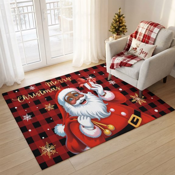 Area Rug 3x5ft Christmas Black Santa Claus Area Rugs Washable Low Pile Floor Carpet for Bedroom, Winter Snowflake Black Red Checkered Non Slip Soft Rugs for Living Room Entryway Dining Room