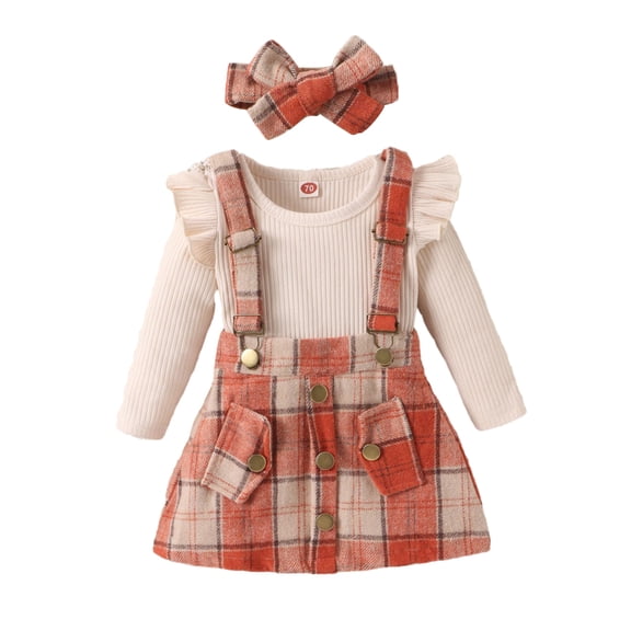 LYMAYTER Kids Toddler Girls Fall Winter Outfit 3PCS Infant Cotton Long Sleeves Strappy Skirt Bowknot Set for 12m-3 Years