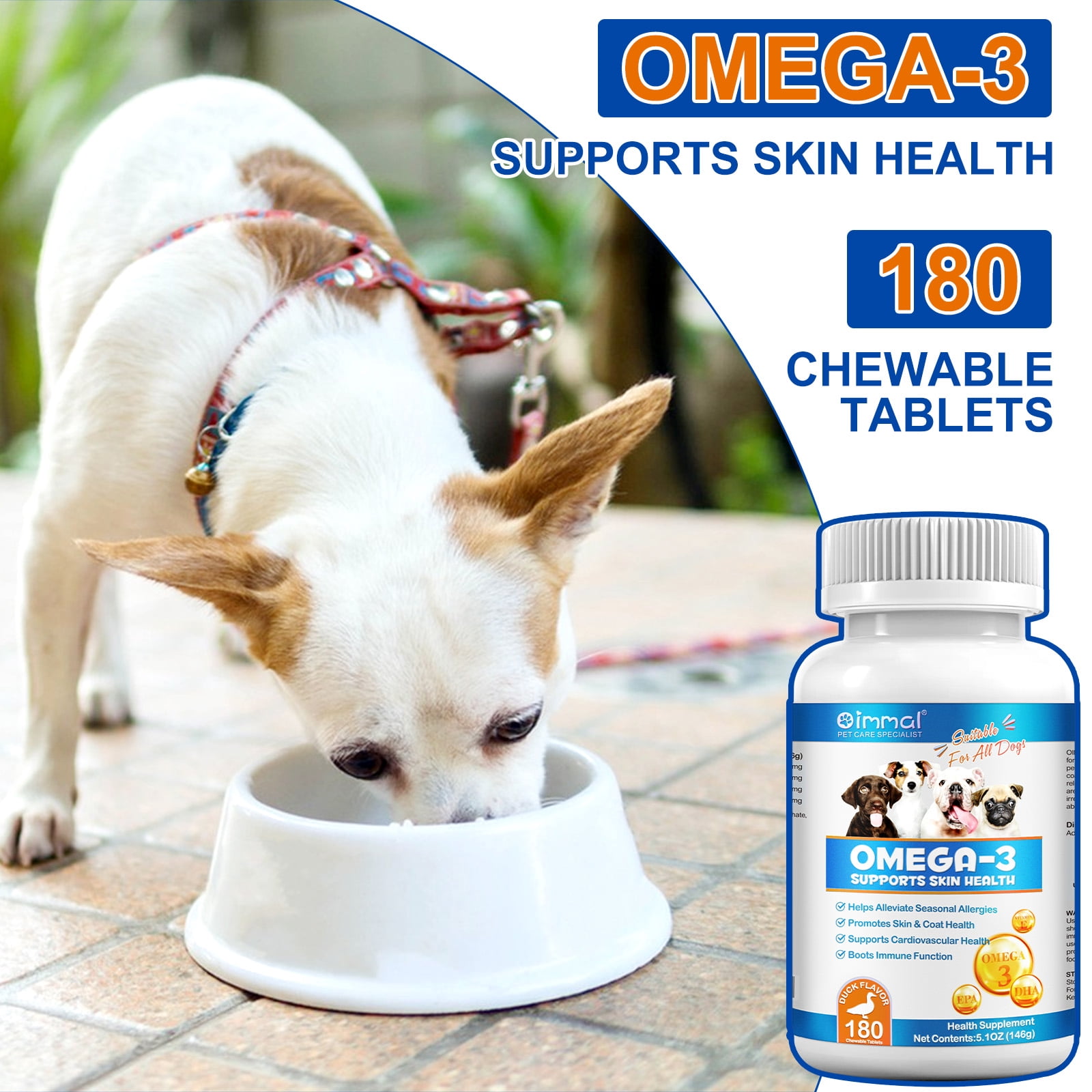 Oimmal Omega 3 for Dogs - Fish Oil for Dogs Skin and Coat - 180 Chewable Tablets - Omega 3 6 9, EPA & DHA and Vitamins Chewable for Dog Shedding, Dry Skin & Heart Support - 2Packs