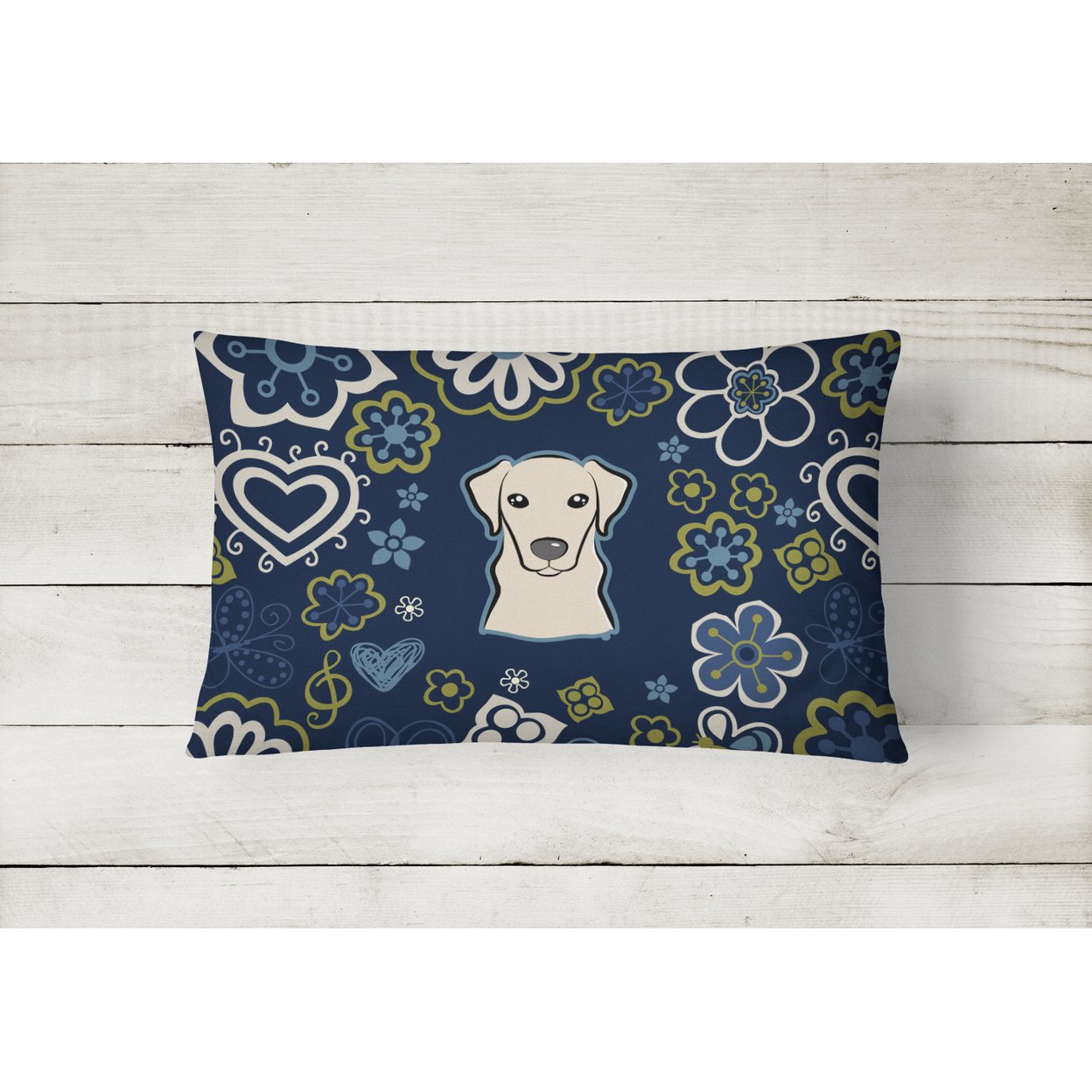 Carolines Treasures BB5073PW1216 Blue Flowers Yellow Labrador Canvas Fabric Decorative Pillow
