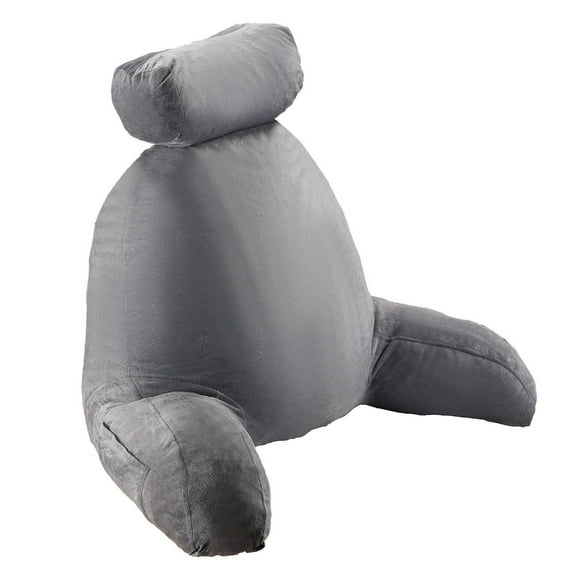 Reading Pillow with Arms - Large Bed Rest Back Support, Shredded Memory Foam, 3 Pockets & Handle - Velvet Cover, Removable Headrest - Ideal for Reading, Gaming & Relaxing - Grey