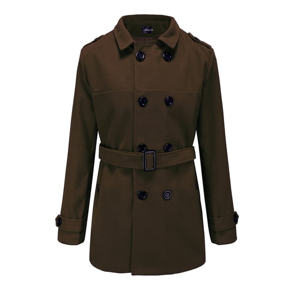 Odeerbi Men's Anoraks Woolen Coat Lapel Double-breasted Casual Windbreaker Coat With Belt Coffee