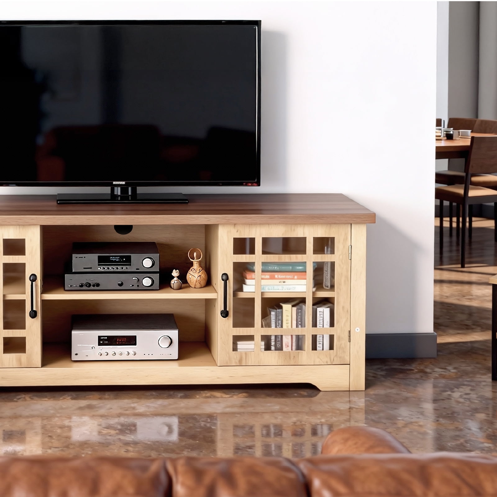 Ktaxon Farmhouse TV Stand with 2 Glass Door, Mid-Century Wood Storage Media Cabinet Entertainment Center for TVs up to 65", Wood and Brown Top