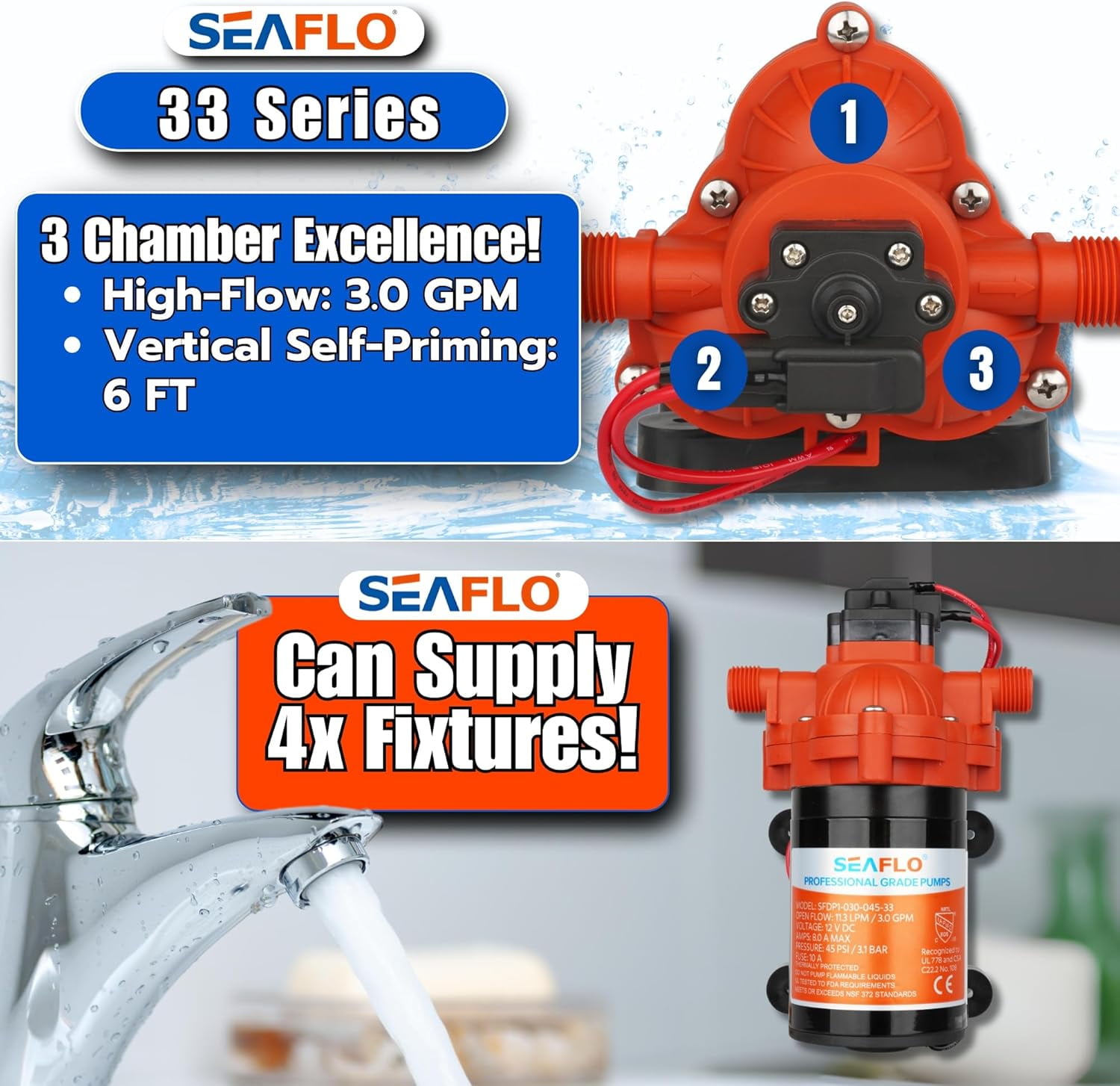 SEAFLO 33 Series DC Diaphragm Pump – 4-Year Warranty! 12V, 3.0 GPM, 45 PSI, Self-Priming, Run Dry Safe, Built-In Pressure Switch | Ideal for Marine, RV, and Water Systems