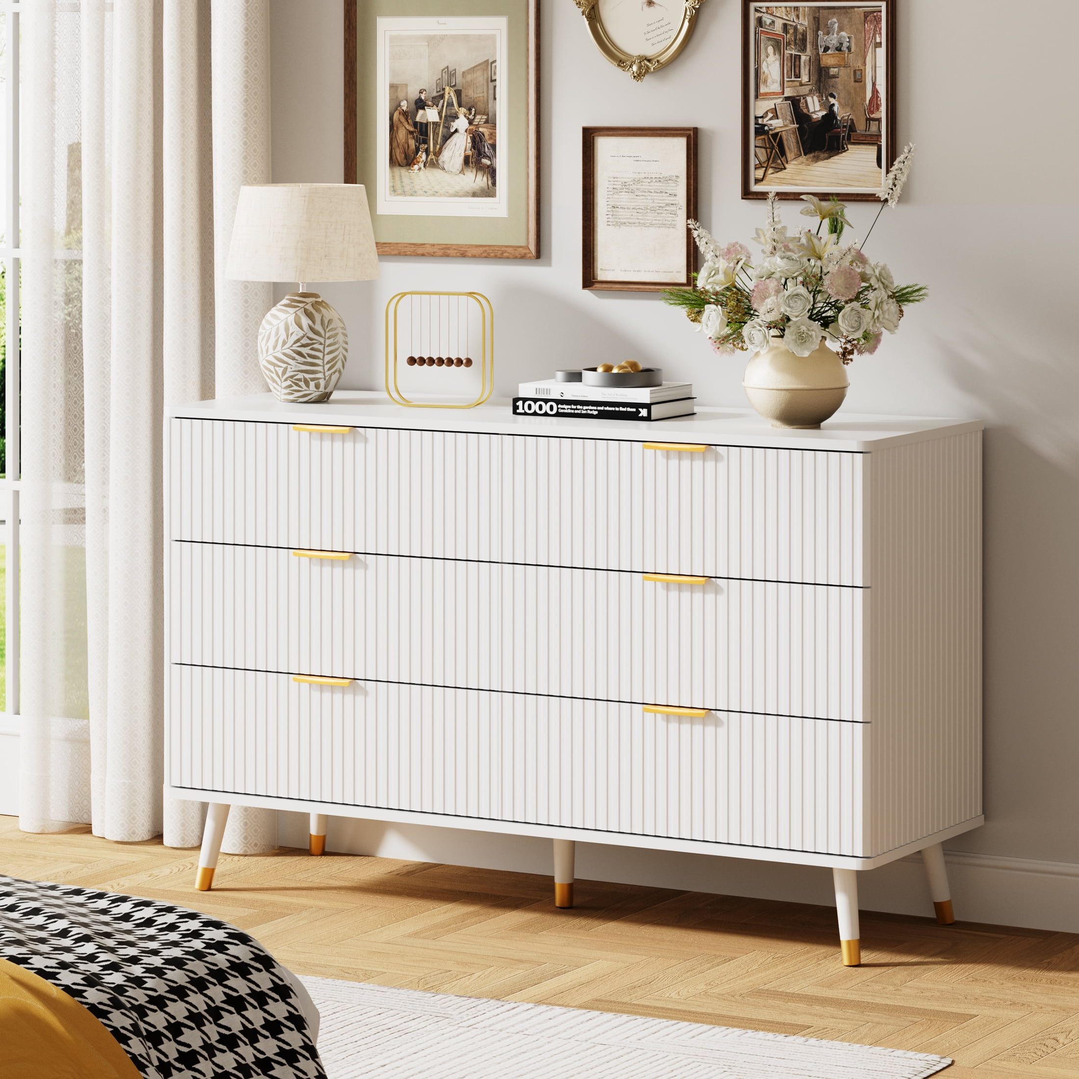 YouTrend 6 Drawer Dresser with Metal Handles Modern Fluted Wood Dresser Adult Storage Chest of Drawers for Bedroom Living Room Hallway,White