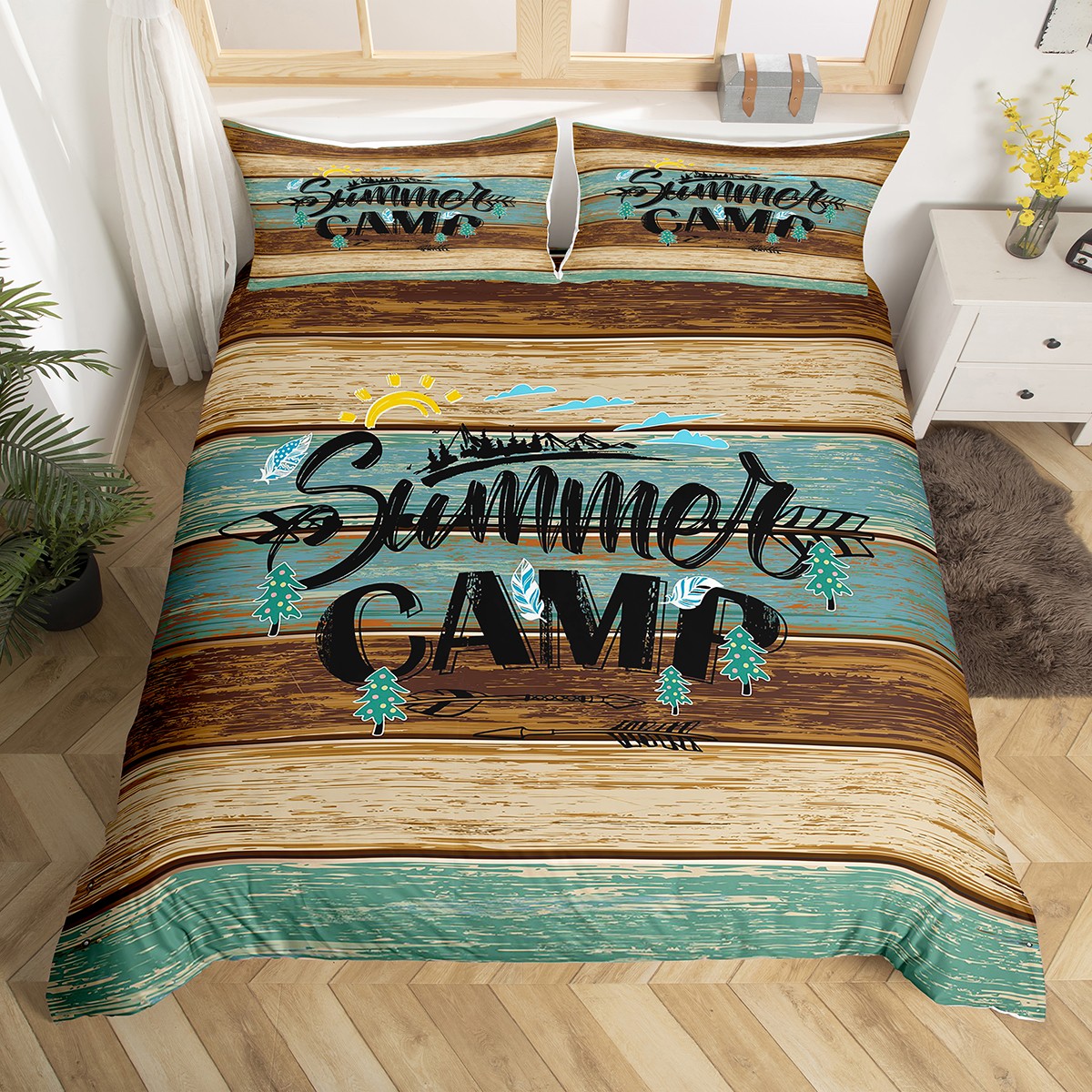 YST Summer Camp Bedding Set Twin, Camper Decor Comforter Cover Rustic