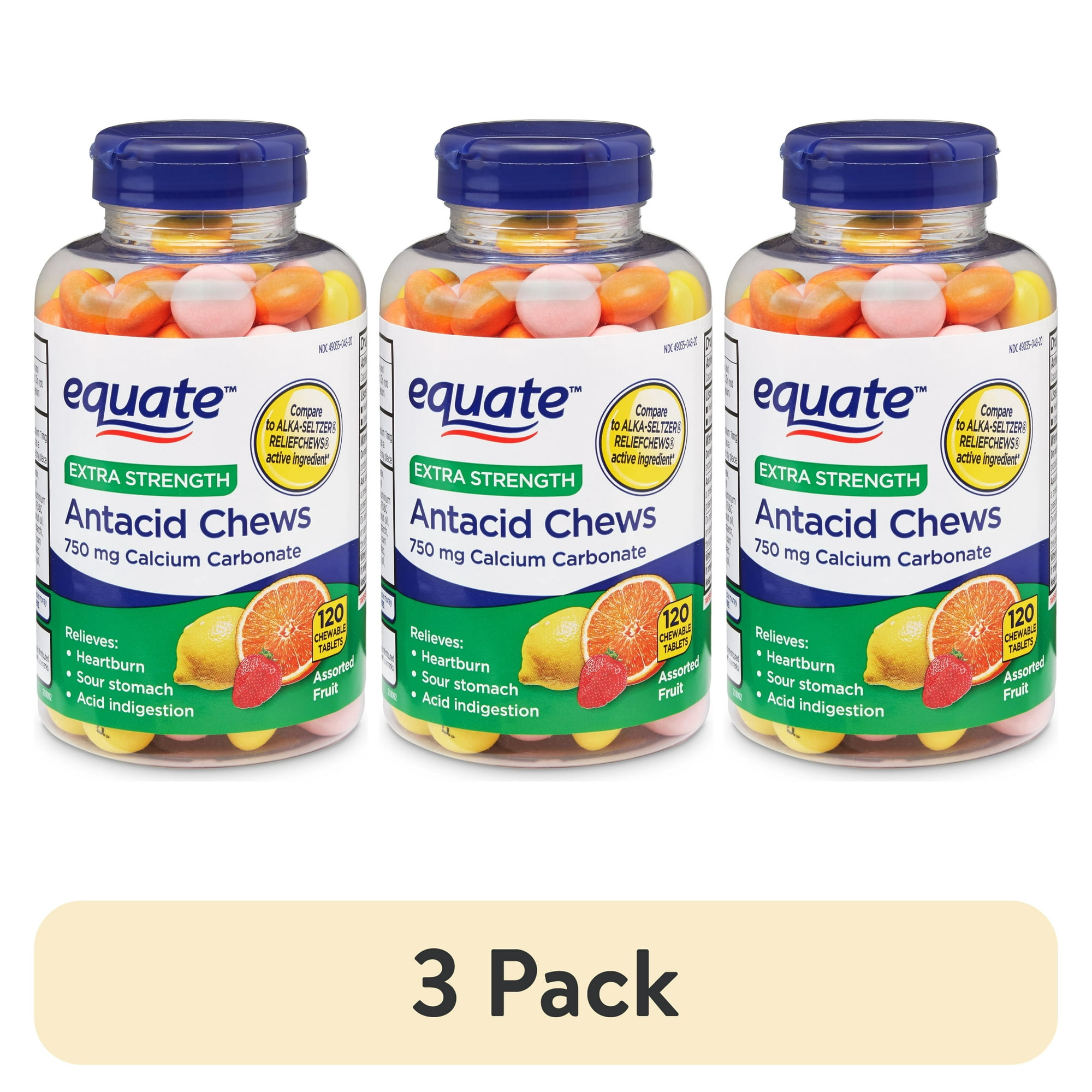 (3 pack) Equate Extra Strength Calcium Carbonate Antacid Chewable Tablets for Heartburn Relief, 120 Count
