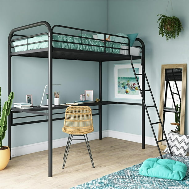 DHP Metal Loft Bed with Desk, Twin Size Frame, Black Metal/Black Desk