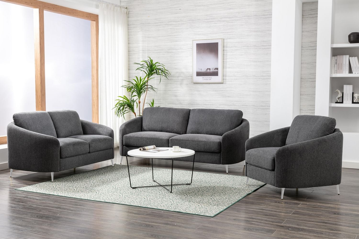 Chaise en tissu de lin gris K-Living avec pieds chromés en acier inoxydable