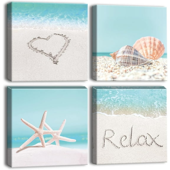 4 Pieces Wall Art Canvas Prints - Seashell Starfish and Beach Picture Painting - Modern Wall Artwork Framed for Gifts Bathroom Home Kitchen Office Decor - 12 x 12 Inch
