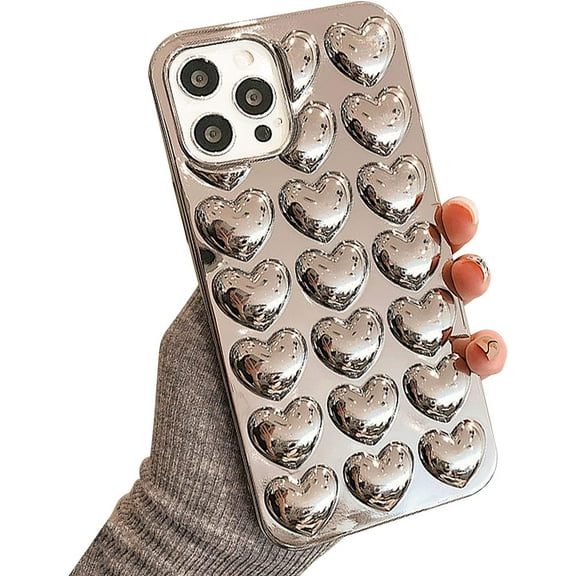 3D Cartoon Phone Case Compatible with iPhone 11, Soft Silicone Creative Design Protective Bumper Case Cover (Hearts Silver, iPhone 11)