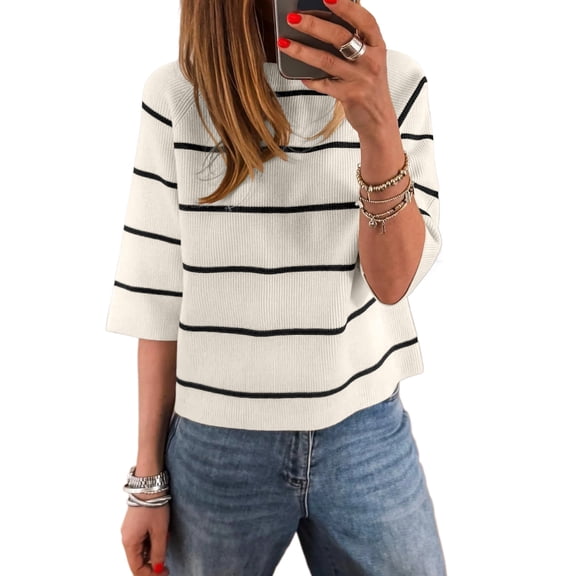 Women's Striped Ribbed Knit Sweater – Casual Half Sleeve Round Neck Summer Tee, XL
