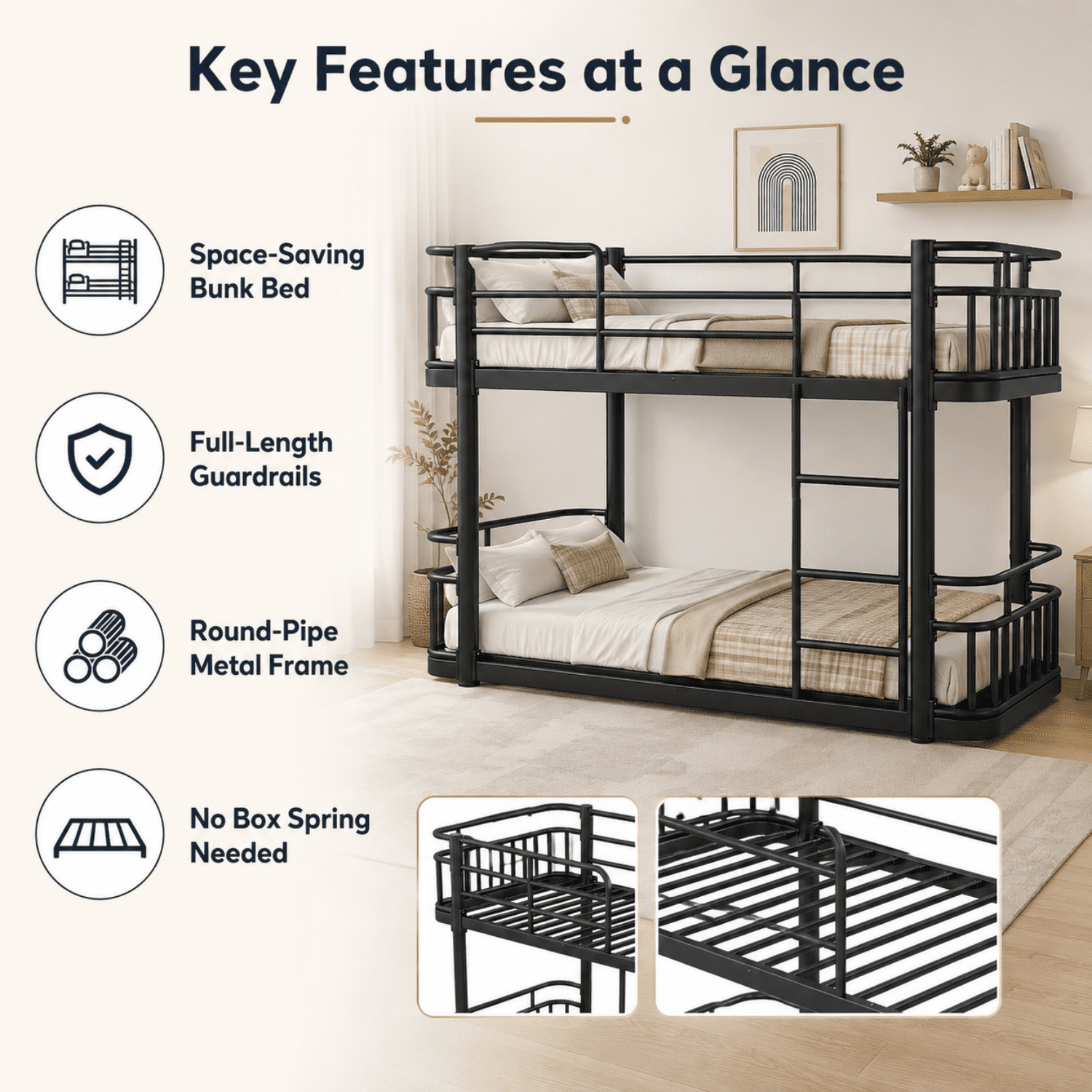 Miniyam Twin Over Twin Metal Bunk Bed with 16.5" Guardrails, Built-In Ladder and Metal Slats, Black
