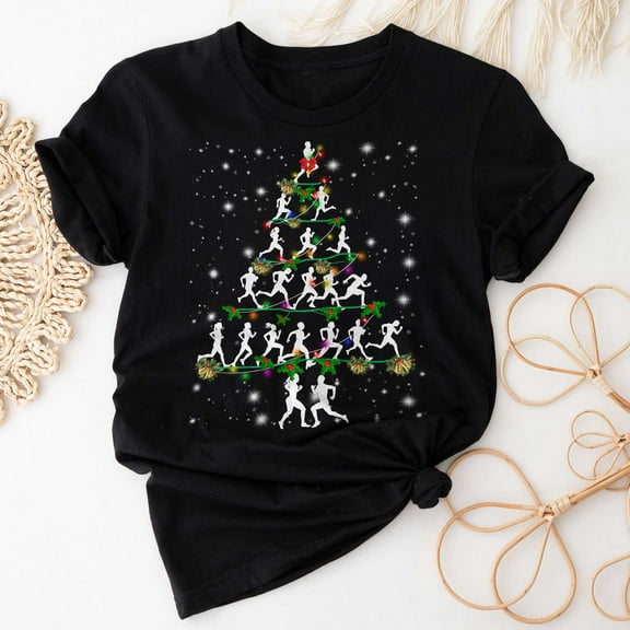 Running Christmas Tree T-Shirt, Funny Running Lover Gift, Running Christmas Lights Shirts, Christmas Running Tree T Shirt, Xmas Shirt for Women Men