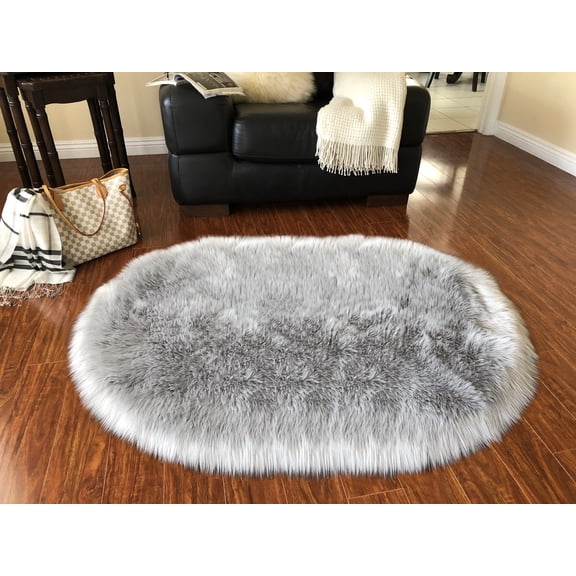 Soho Luxurious Faux Sheepskin Oval Shape Grey Shag Area Rug