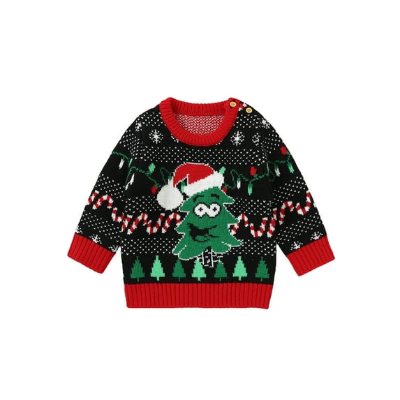 Seyurigaoka Christmas Baby Sweater Long Sleeve Crew Neck Christmas Pattern Jacquard Sweater