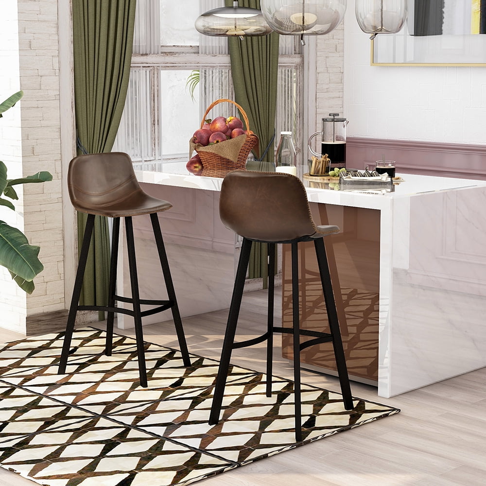 Kepooman Vintage Leatherier Height Bar Stools with Low Backrest & Footrest for Kitchen Pub, Set of 2, 16" L x 18.8" W x 40.5" H, Light Brown Kepooman Vintage Leatherier Height Bar Stools with Low Backrest & Footrest for Kitchen Pub, Set of 2, 16" L x 18.8" W x 40.5" H, Light Brown