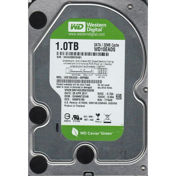 WD10EADS-00P6B0, DCM EHNNNT2CHB, Western Digital 1TB SATA 3.5 Hard Drive