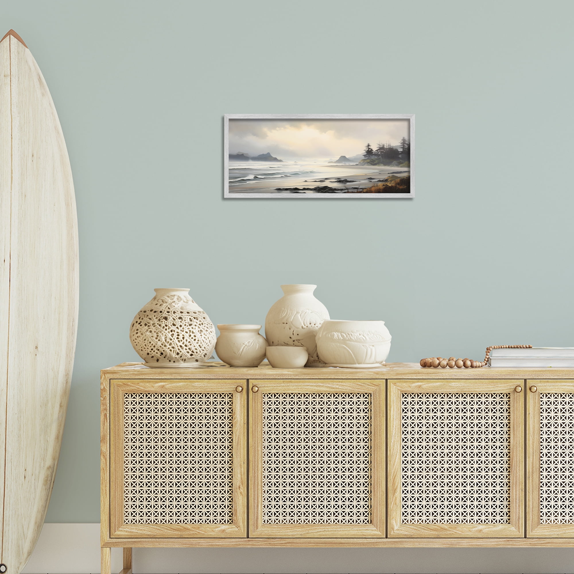 Stupell Industries Coastal Shore Inlet Coastal Painting Gray Framed Art Print Wall Art, 24 x 10