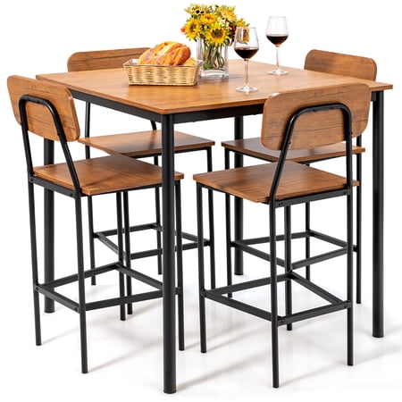 Costway Dining Room 4 Adult Steel Leather Comfort Dining Table with Chair Brown