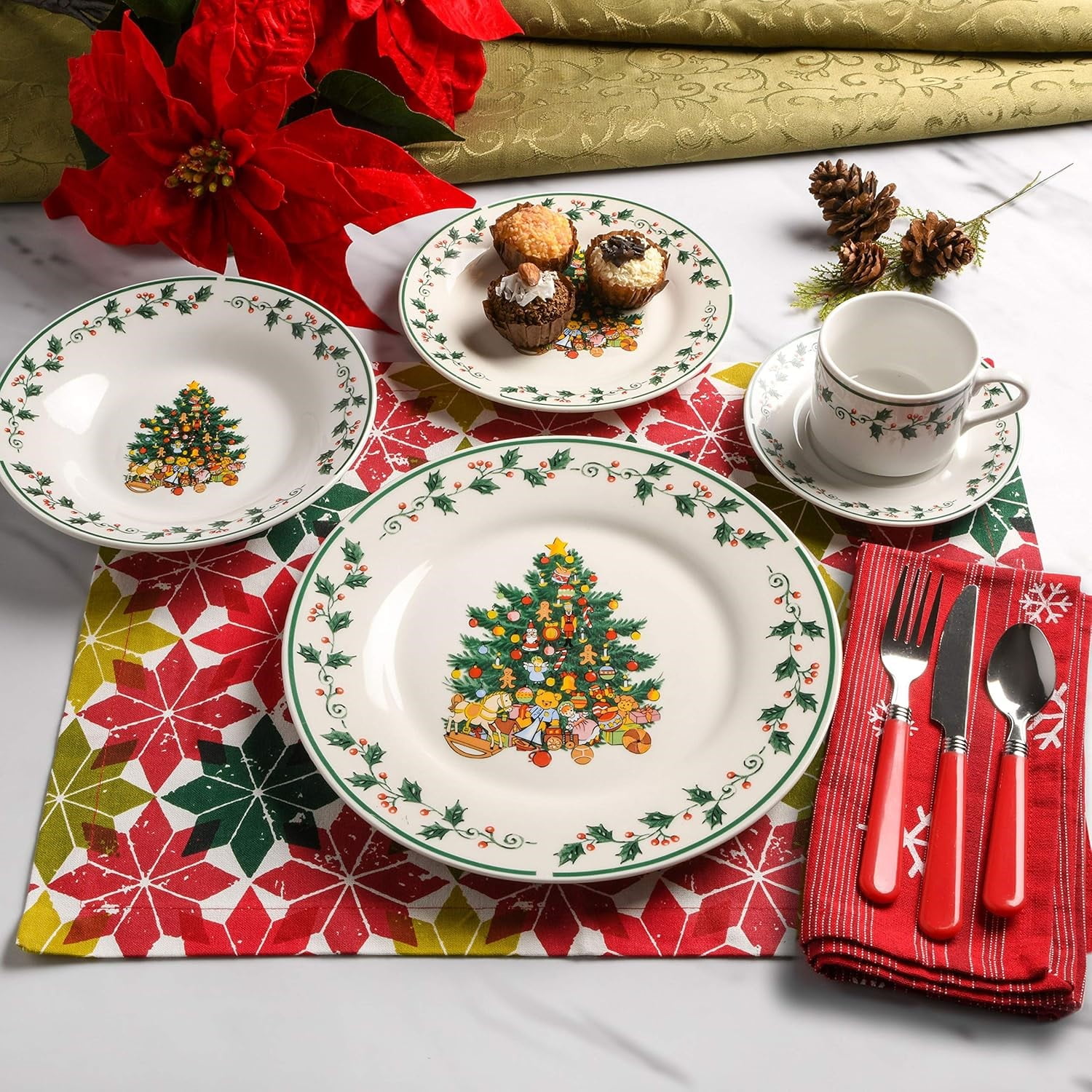 Gibson Home 20-Piece Ceramic Christmas Tree Trimming Dinnerware Set – Holiday Dinnerware with Christmas Tree & Holly Design
