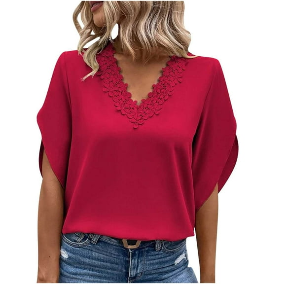 Work Office Blouses for Women Lace Crochet V Neck Elegant Tshirts Solid Bell Sleeve Basic Tops Casual Summer Tunics