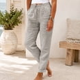 thumbnail image 3 of Sorvello Women Cotton Linen Pants Beach Flowy Casual Drawstring Pants With Pockets,Cotton blend,Vacation Gray 2XL, 3 of 4