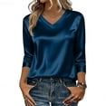 thumbnail image 3 of Women Silk Satin Tops Cap 3/4 Length Sleeve Blouse Summer V Neck Shirts Business Casual Outfits #01Blue S, 3 of 6