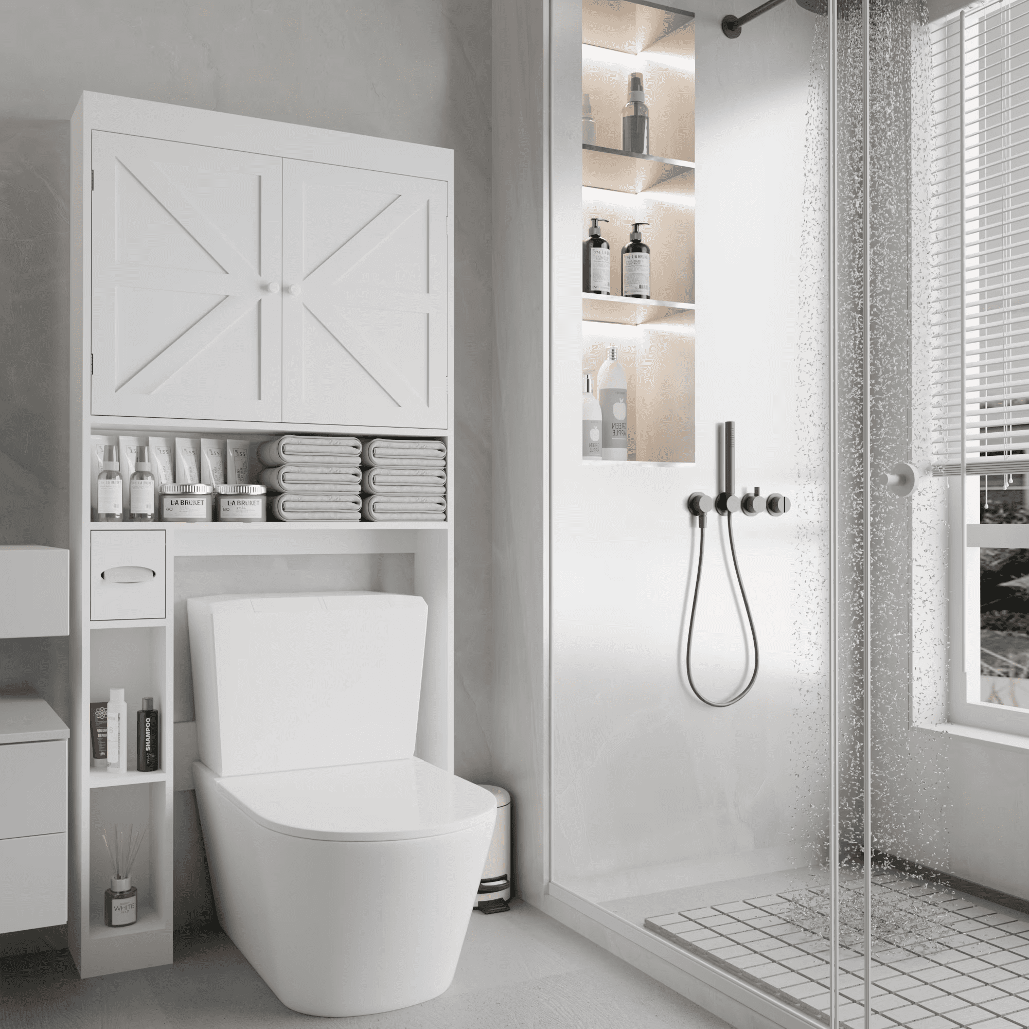 MAYEERTY Over-The-Toilet Storage Cabinet, Farmhouse Style, Bathroom Space Saver with 2 Doors