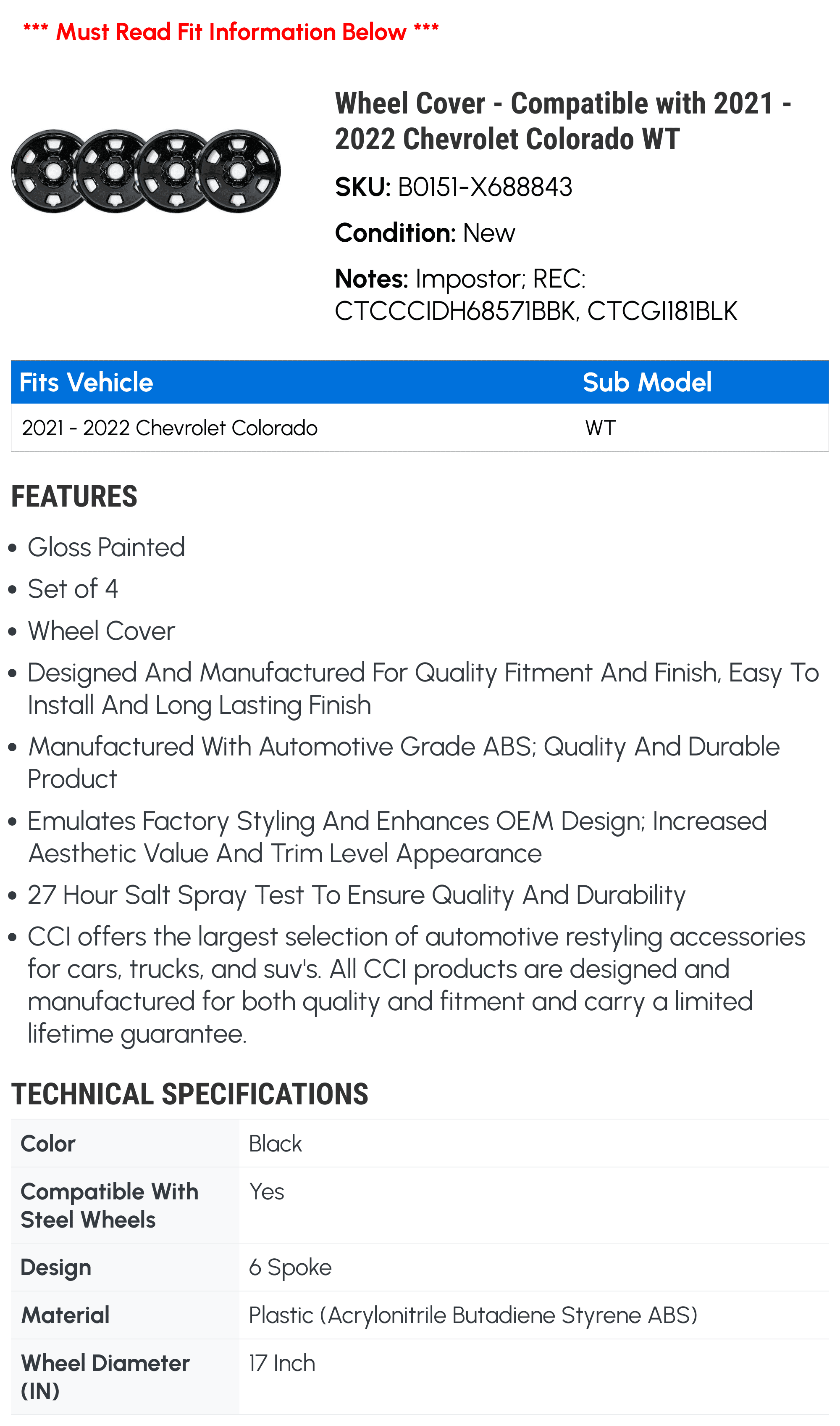 Wheel Cover - Compatible with 2021 - 2022 Chevy Colorado WT