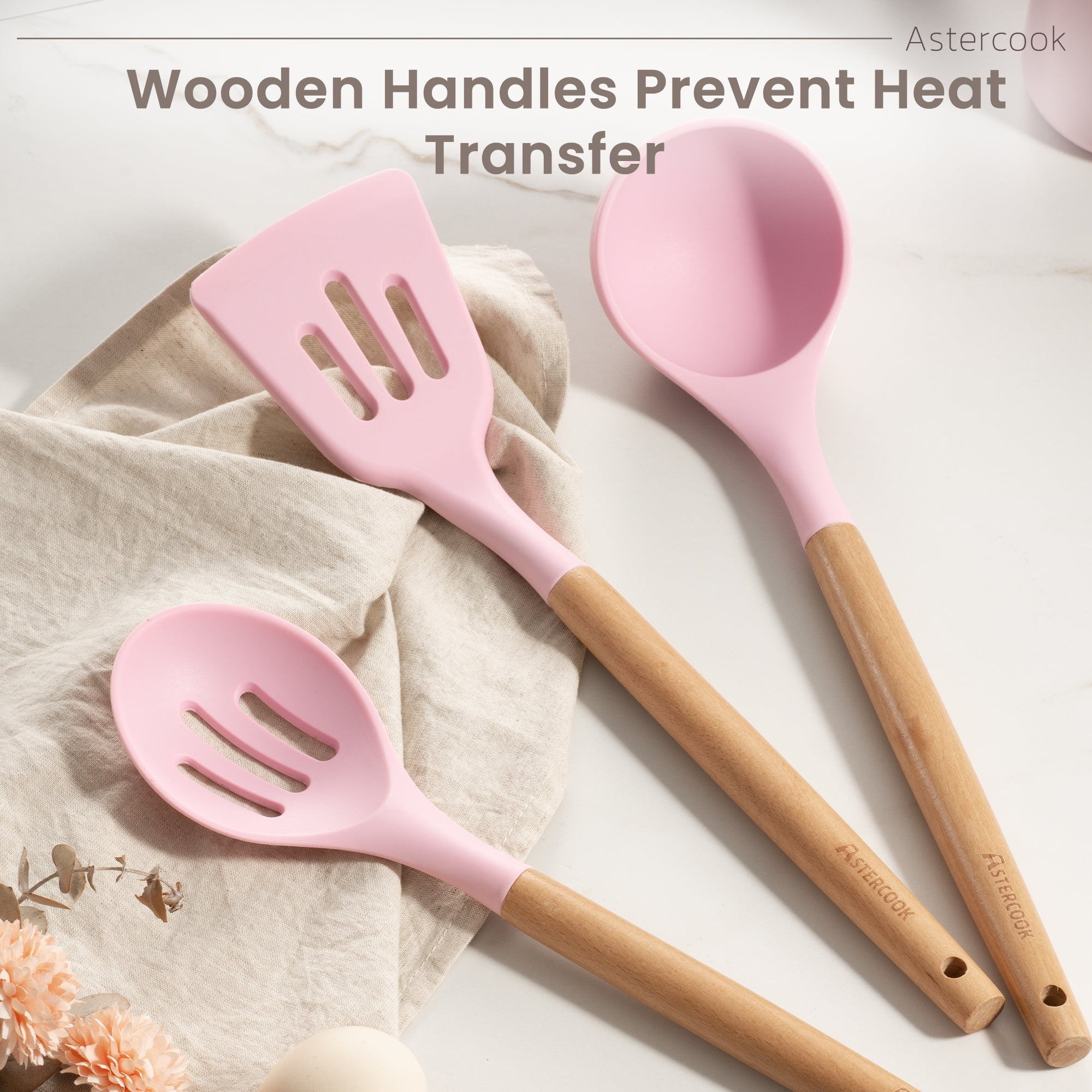 Astercook Silicone Cooking Utensils Set, 38 PCS Kitchen Utensils Set for 446°F Heat Resistant, Food Grade Utensil Sets with Wooden Handle, Kitchen Gadgets for Nonstick Cookware BPA Free (Pink)